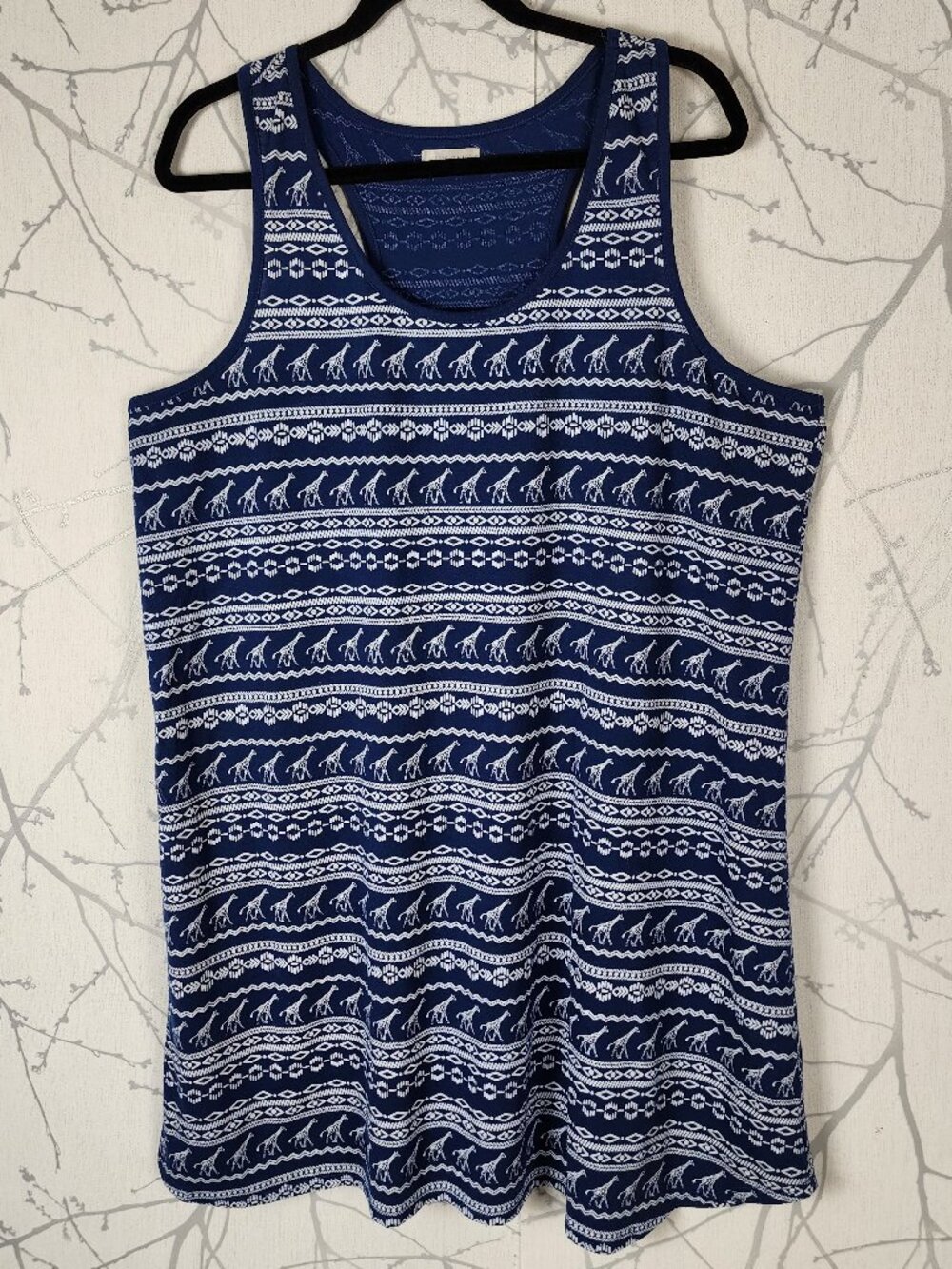 Midnight Maddie Blue Tribal Giraffe Print Round Neck Tank Dress